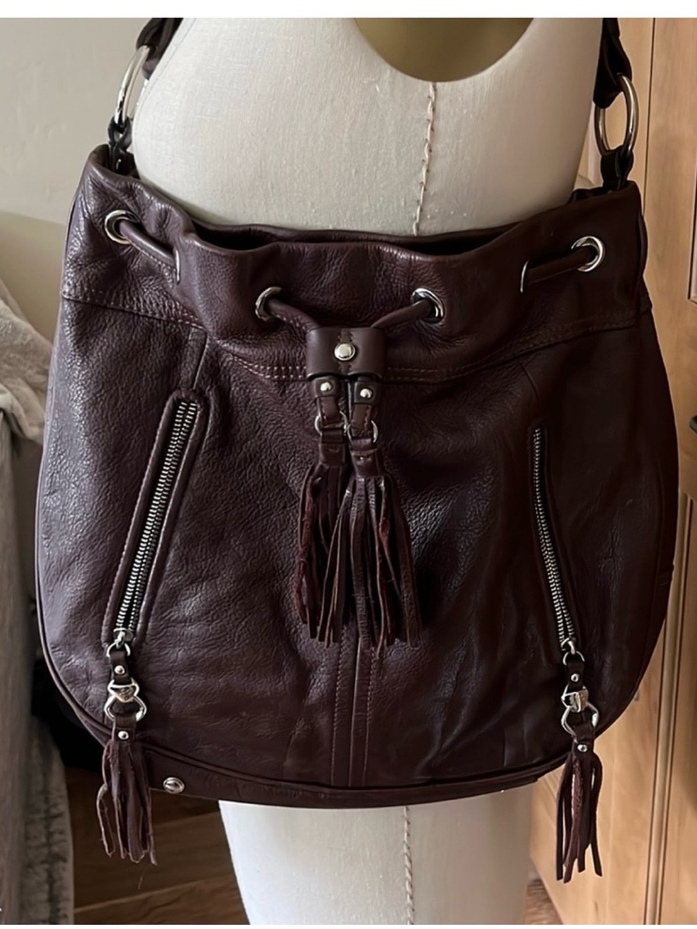 b. Makowsky Brown Leather bag with Tassels and Silver Accents 14.5” by 13” Roomy
